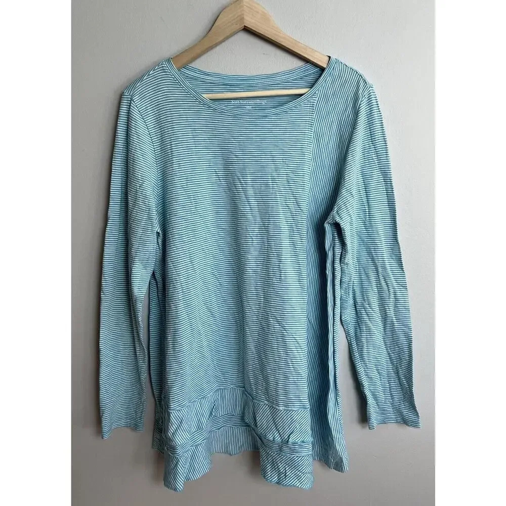 Soft Surroundings Pima Cotton Blue Stripe Tee Size Large Long Sleeve 2FA07 Women